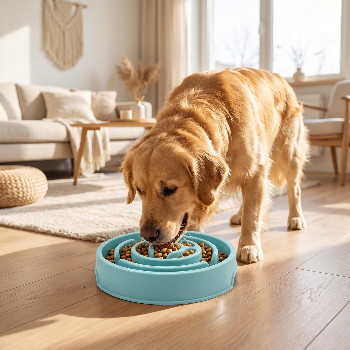 Hund frisst entspannt am Anti-Schling-Napf
