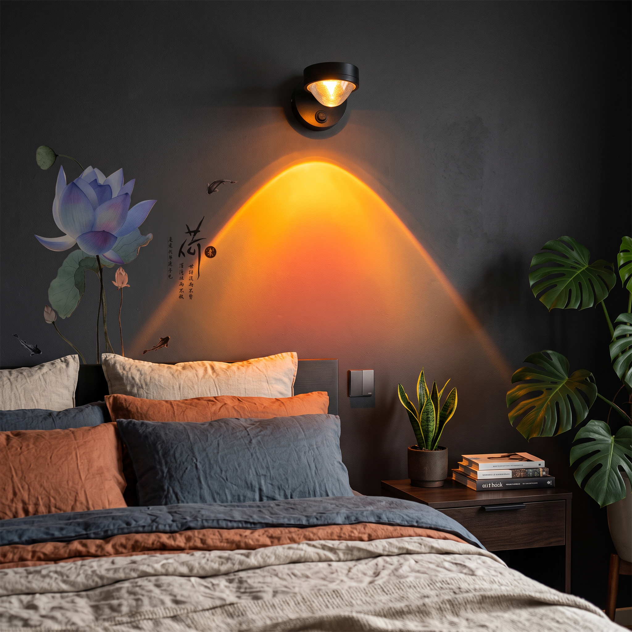 Sunset Wandlampe über dem Bett mit warmem Lichtkegel